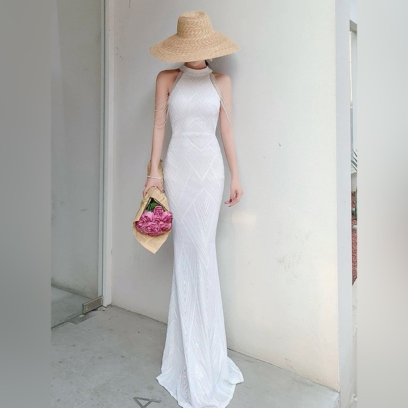 [SOLD] White Beaded Formal Dress Sequin Mermaid Cocktail Dress - Picture 6 of 11